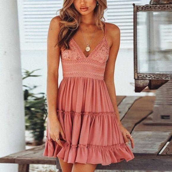 Dresses & Skirts - Boho Crochet Tiered V Neck Pink Dress